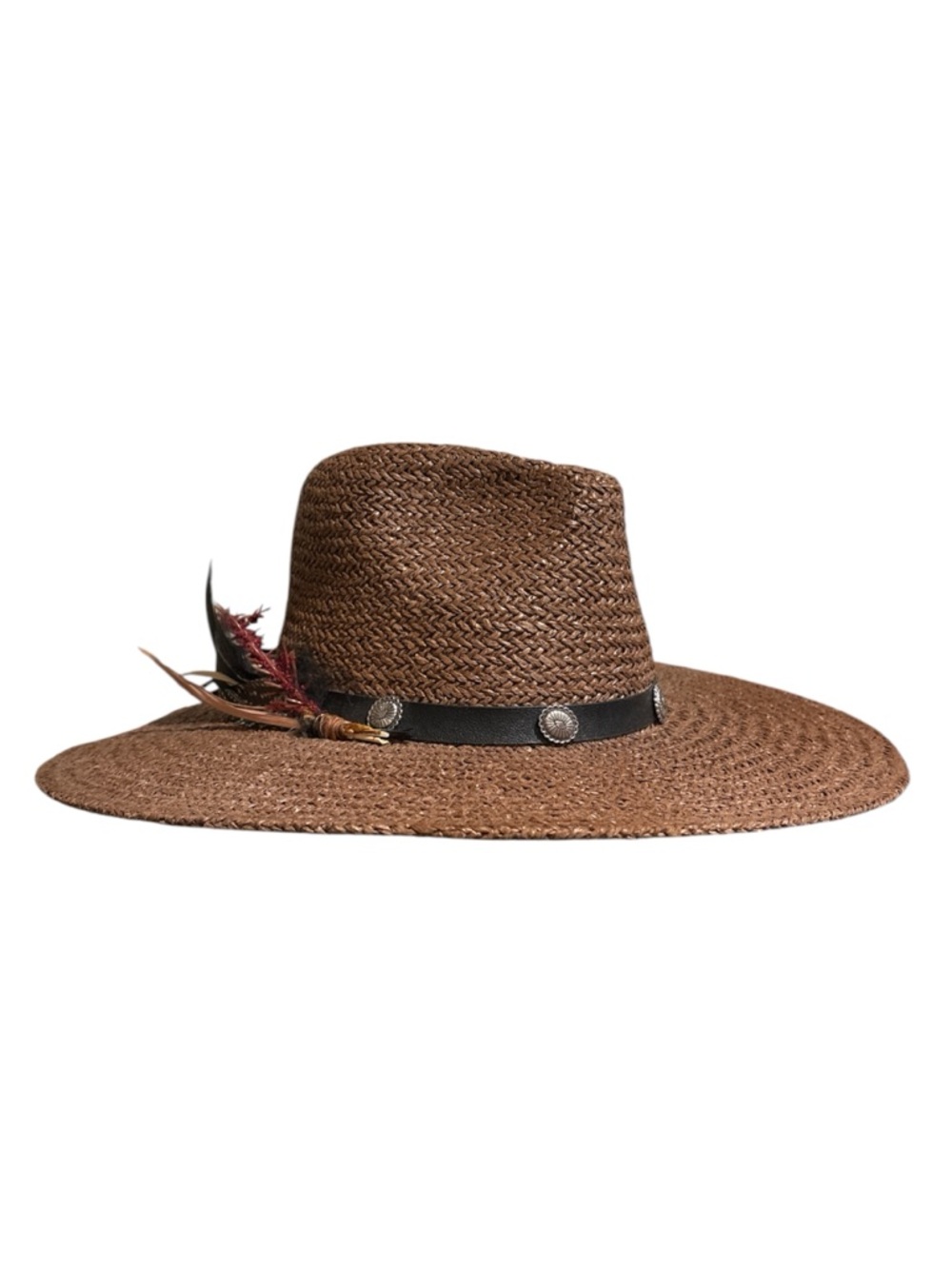 Brown Straw Fedora Custom With Concho and Feather Detail NEW NEVER WORN!